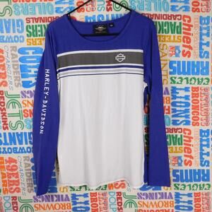 Harley Davidson Long Sleeve Shirt Blue White MotorClothes Womens Size L